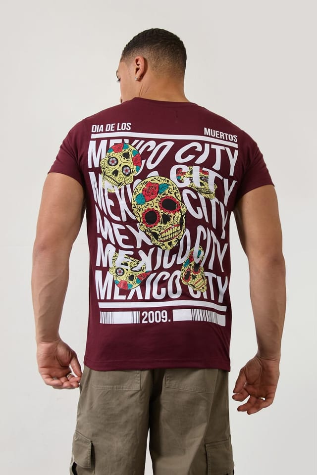 LONDON ATTITUDE LONDON ATTITUDE Men's Burgundy Mexico City Dia De Los Muertos Skull Graphic T-Shirt - 3