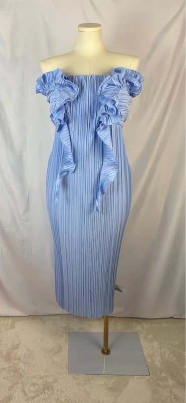 ASOS Design UK 16 ASOS Design Pleated Bandeau Midi Dress Ruffle Detail Strapless Blue Occasion