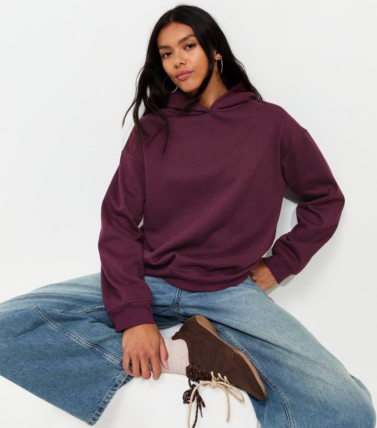 New Look Women's Dark Burgundy Cotton Rich Long Sleeve Hoodie New Look
