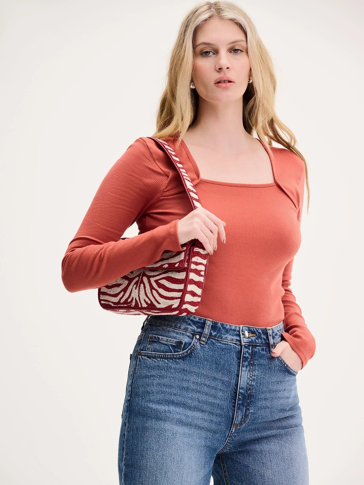 OMNES OMNES Brick Orange Square Neck Jersey Top