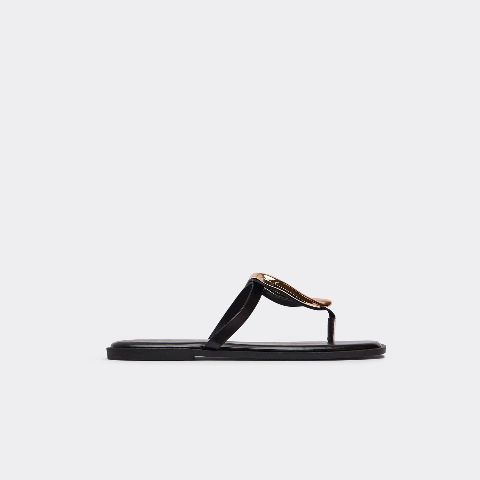 EGO Dreamer Ring Detail Thong Strap Flat Slider Sandal In Black Faux Leather, Women's Size UK 3