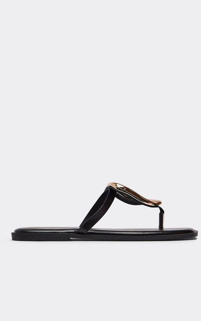 EGO Dreamer Ring Detail Thong Strap Flat Slider Sandal In Black Faux Leather, Women's Size UK 3 - 2