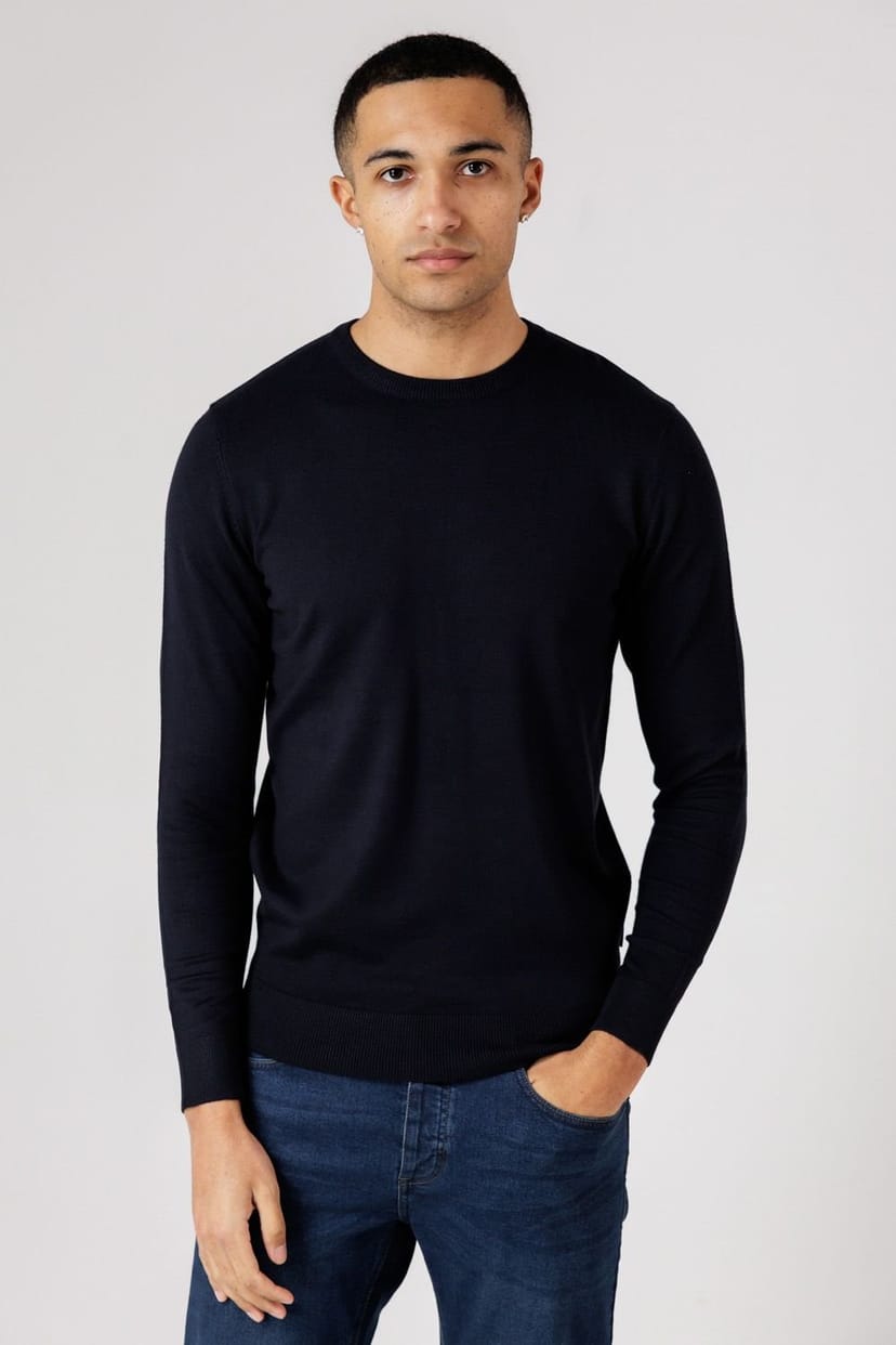 French Connection French Connection Men's Crew Neck Long Sleeve Knitted Jumper in Navy - 1