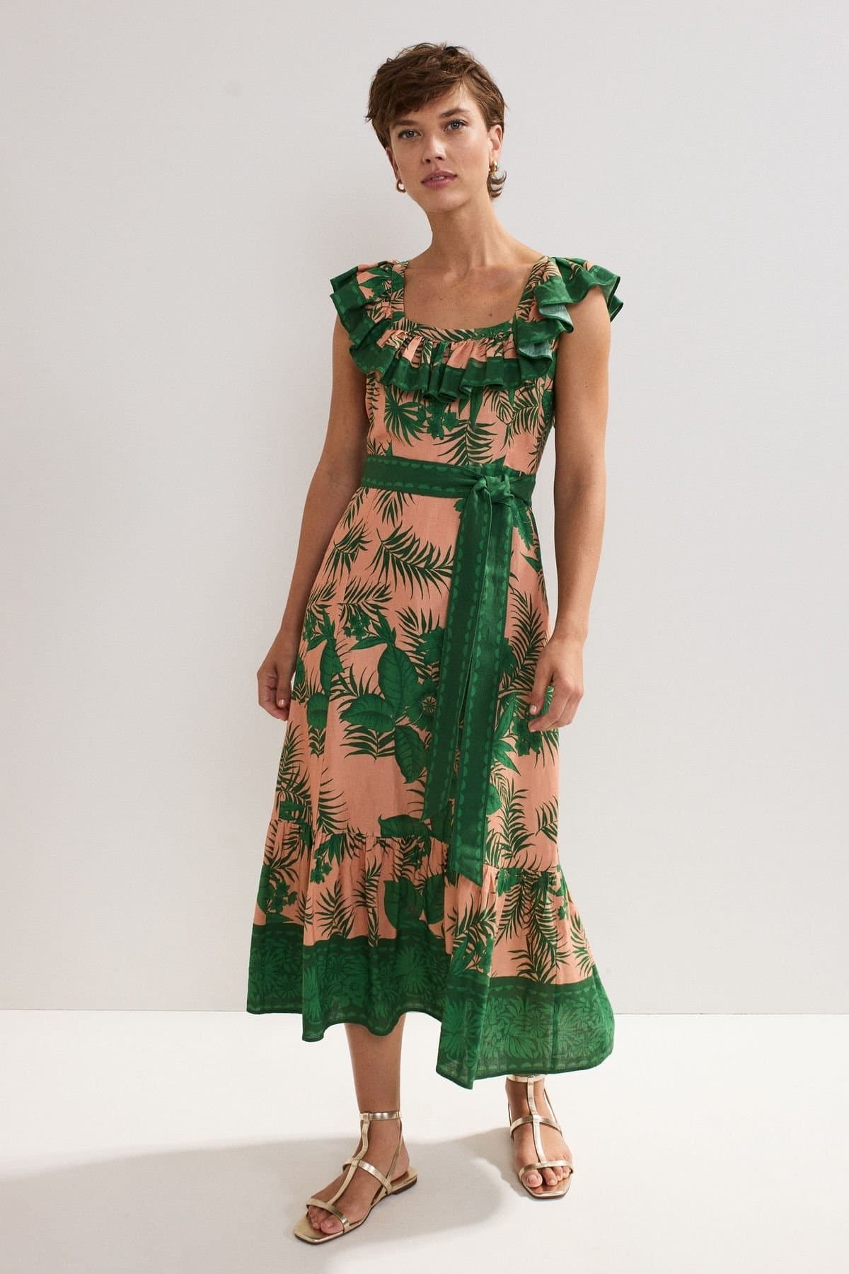 Phase Eight Phase Eight Women's Sandra Ruffled Square Neck Midi Dress in Peach