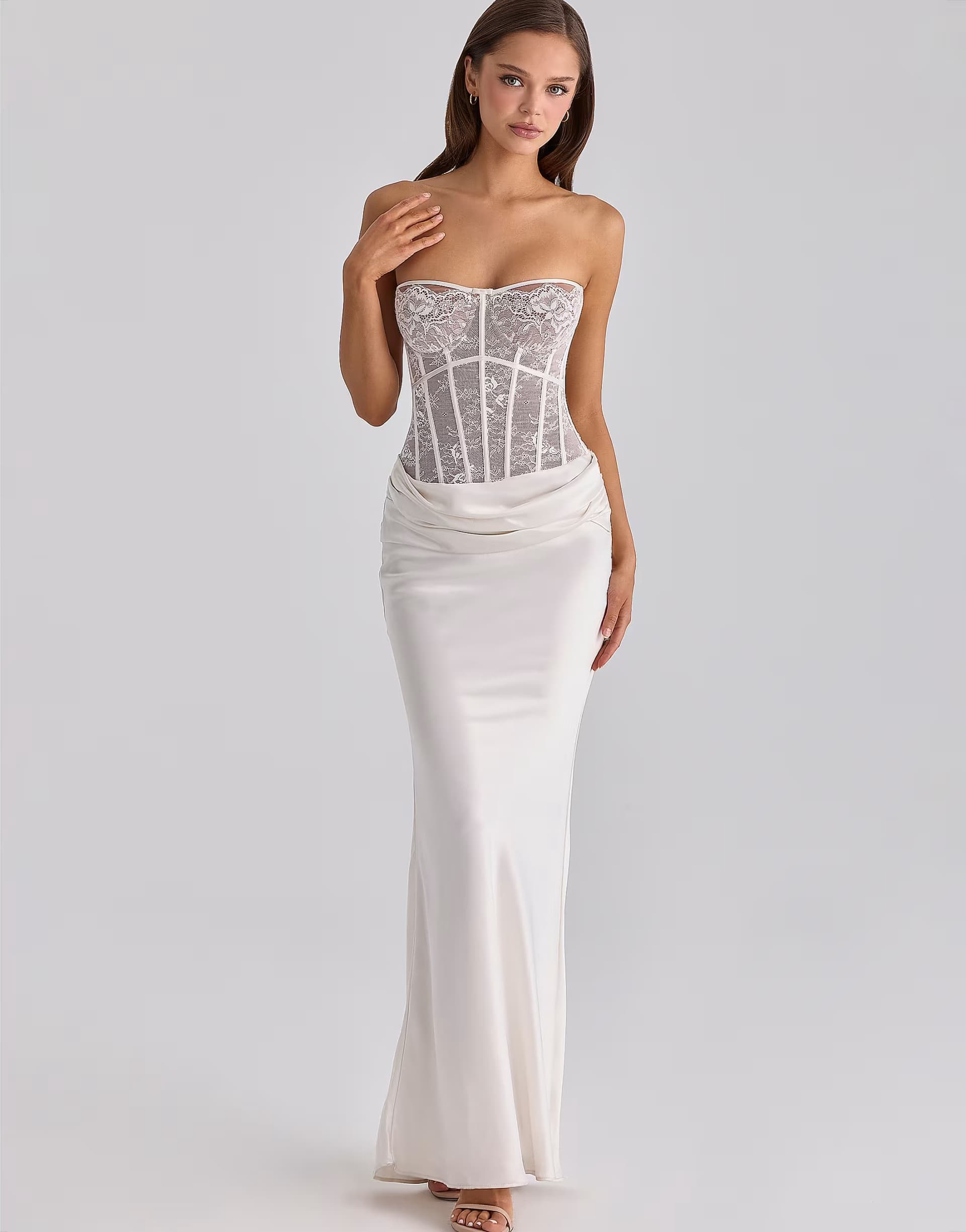 ASOS House of CB Ayana white lace + satin maxi corset dress in white