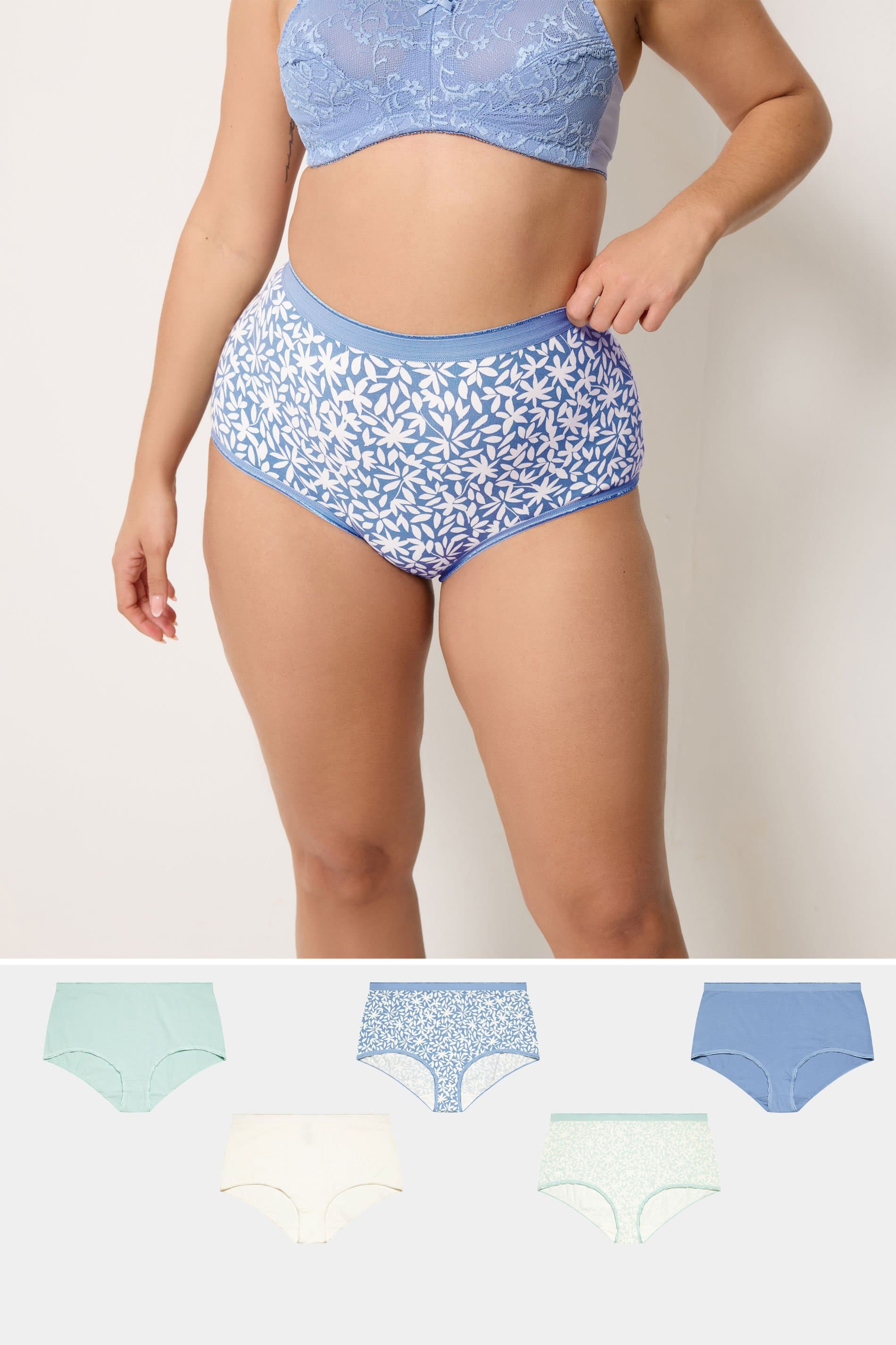 Yours 5 Pack Plus Size Blue Leaf Print Full Briefs