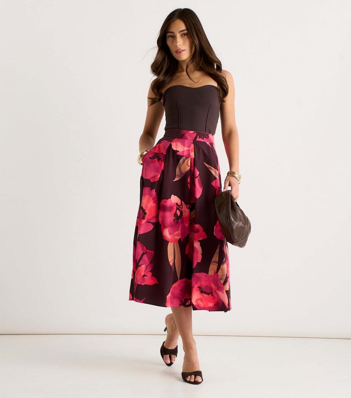 Gini London Women's Brown Floral Pleated Midi Skirt Gini London New Look