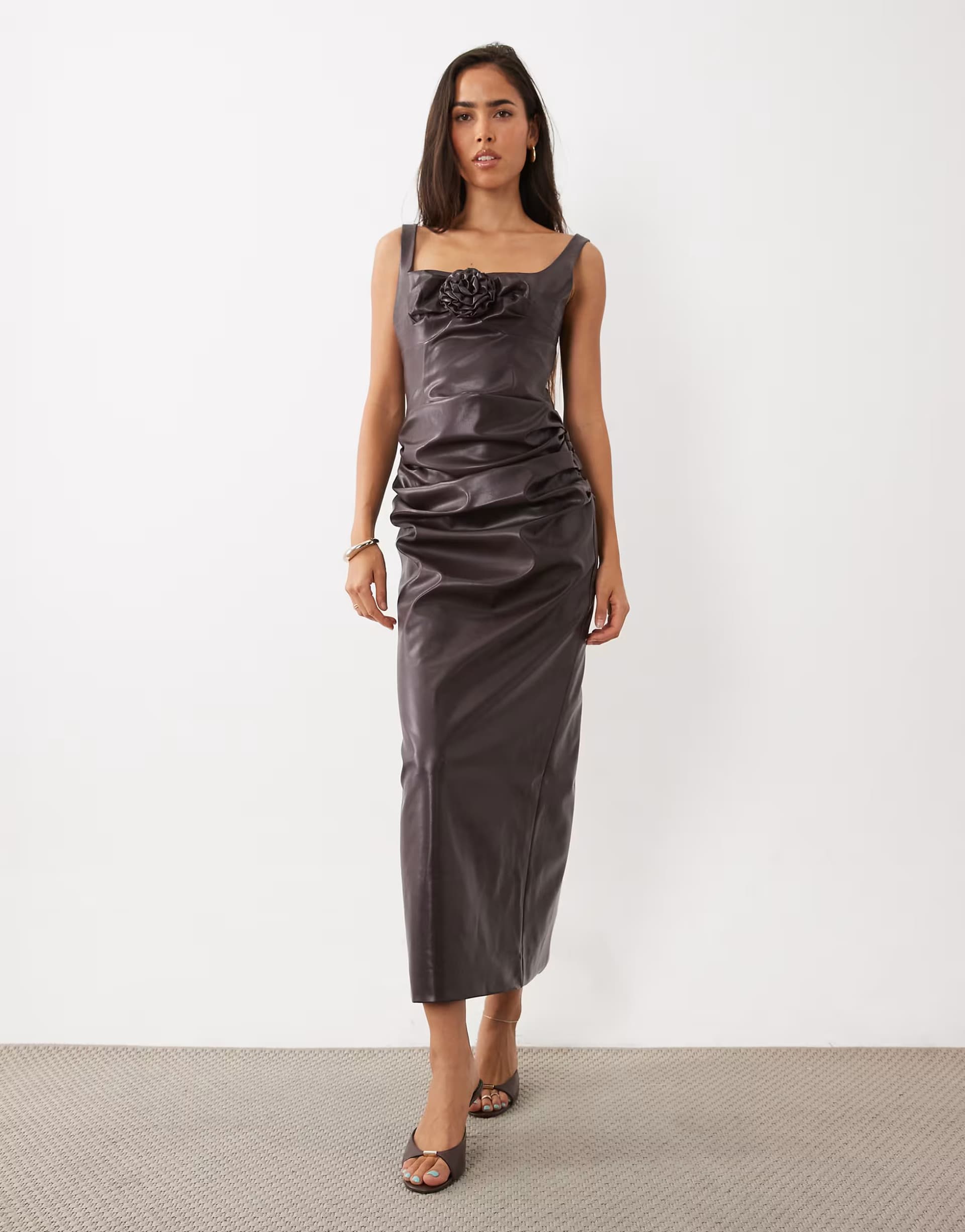 ASOS ASOS LUXE PU corsage midi dress with drape skirt in plum