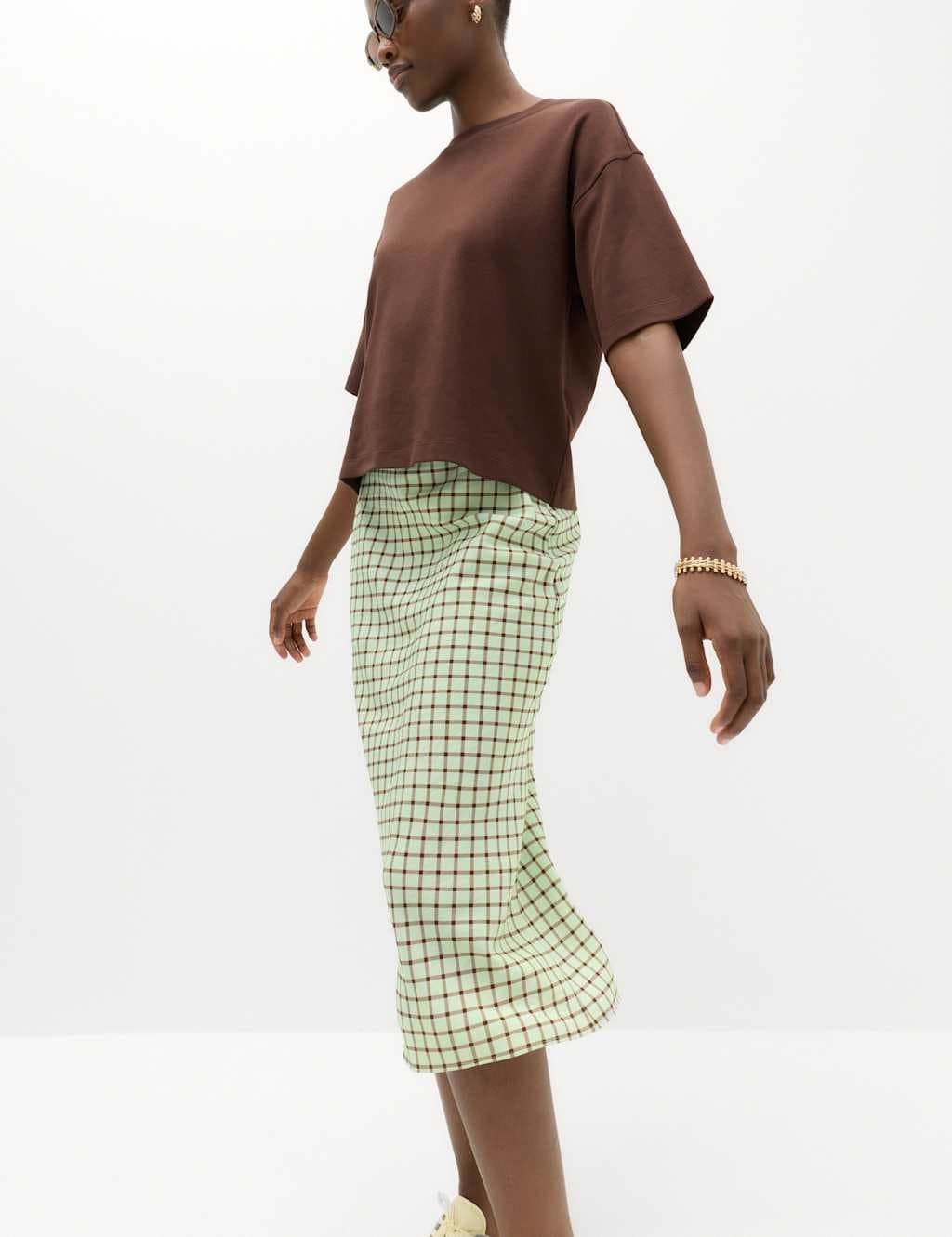 Marks & Spencer M&S Checked Midi Straight Column Skirt Green Mix