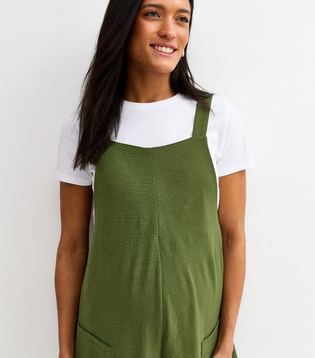 New Look Women's Maternity Dark Khaki Crinkle Texture Cropped Leg Jumpsuit New Look - 2