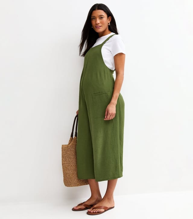 New Look Women's Maternity Dark Khaki Crinkle Texture Cropped Leg Jumpsuit New Look - 3