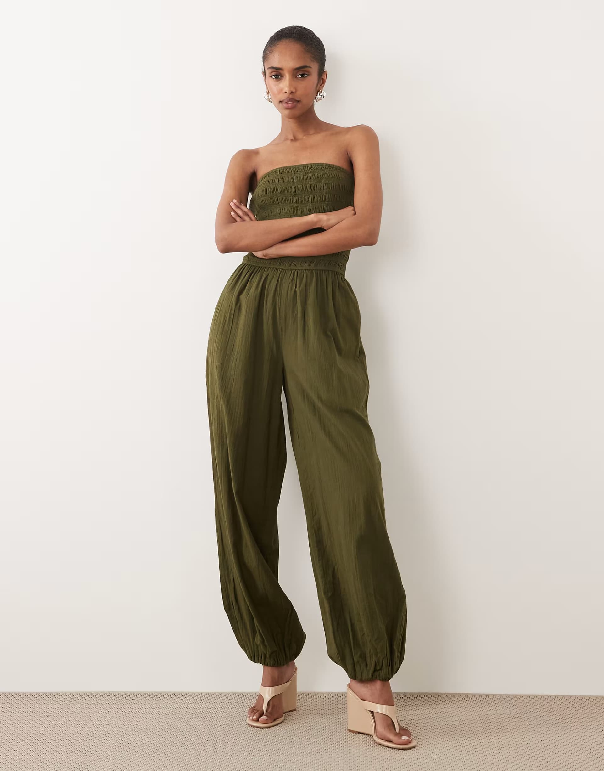 ASOS Nobody's Child Carly cotton bandeau shirred bodice balloon leg jumpsuit in khaki
