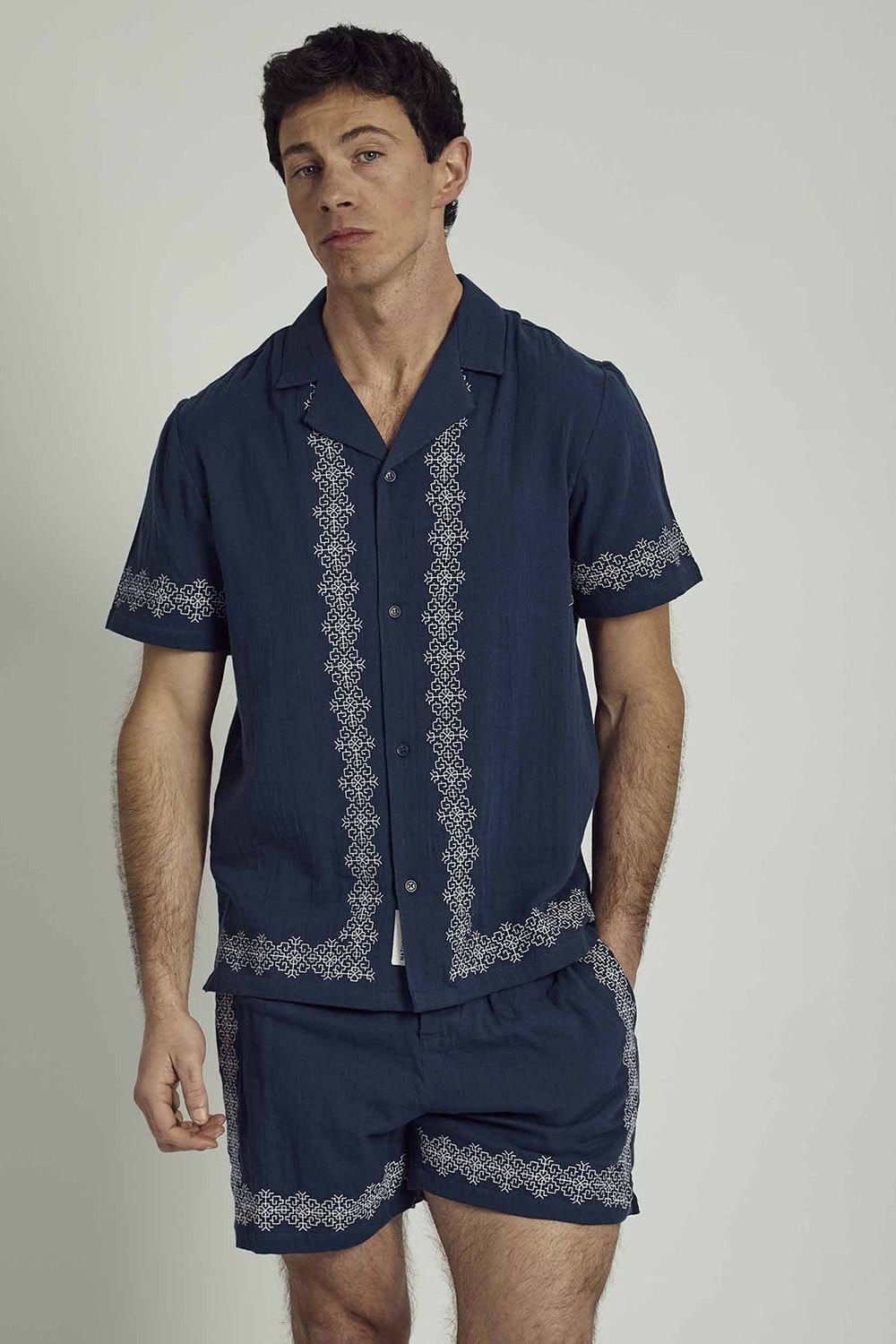 Native Youth Navy Cotton Short Sleeve Embroidered Gauze Shirt