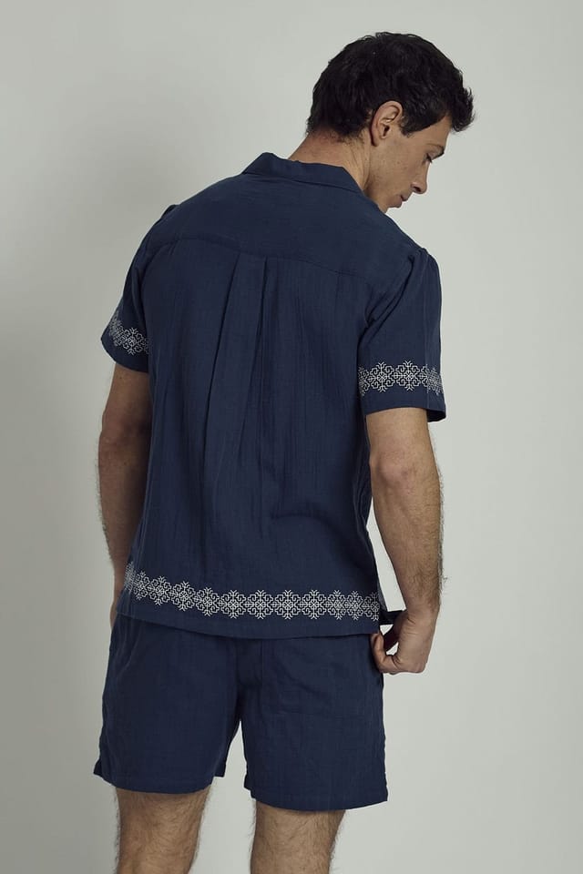 Native Youth Native Youth Men's Cotton Short Sleeve Embroidered Gauze Shirt in Navy - 2