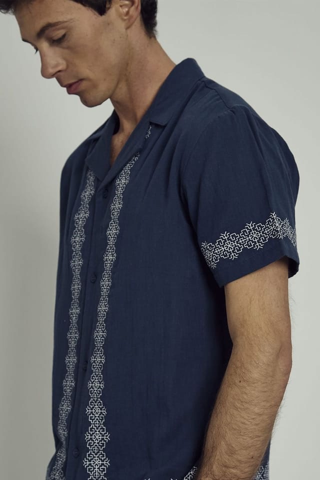 Native Youth Native Youth Men's Cotton Short Sleeve Embroidered Gauze Shirt in Navy - 3