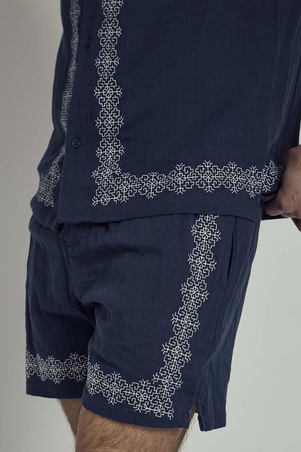 Native Youth Native Youth Men's Cotton Short Sleeve Embroidered Gauze Shirt in Navy - 4
