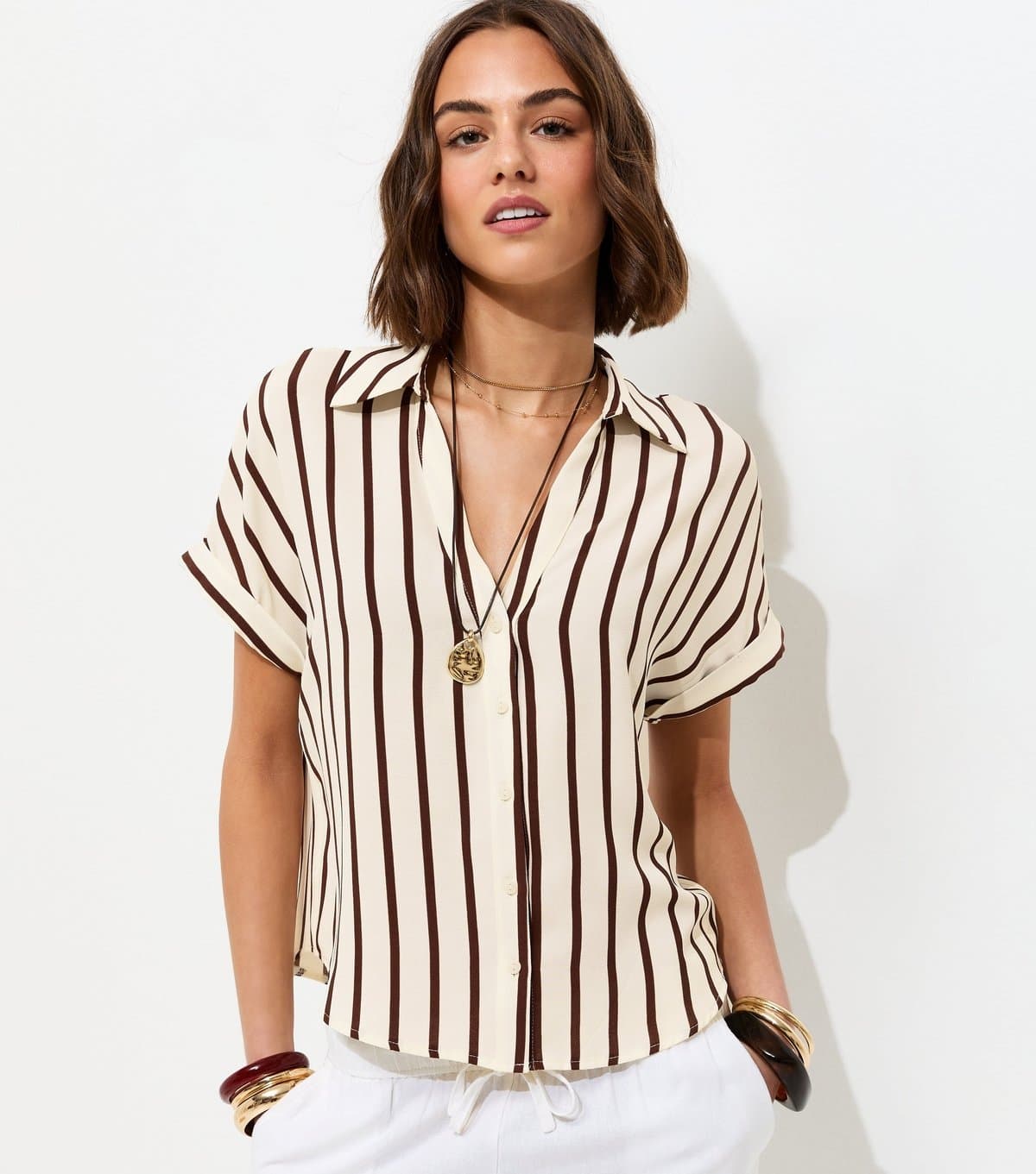 New Look Women's Brown Striped Short Sleeve Shirt New Look