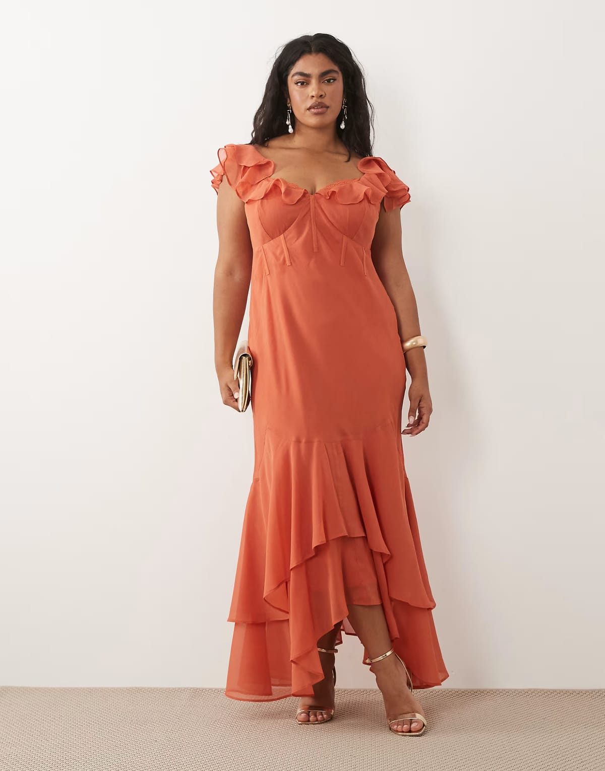 ASOS ASOS DESIGN Curve frill sleeve maxi dress with fishtail hem in terracotta - 1