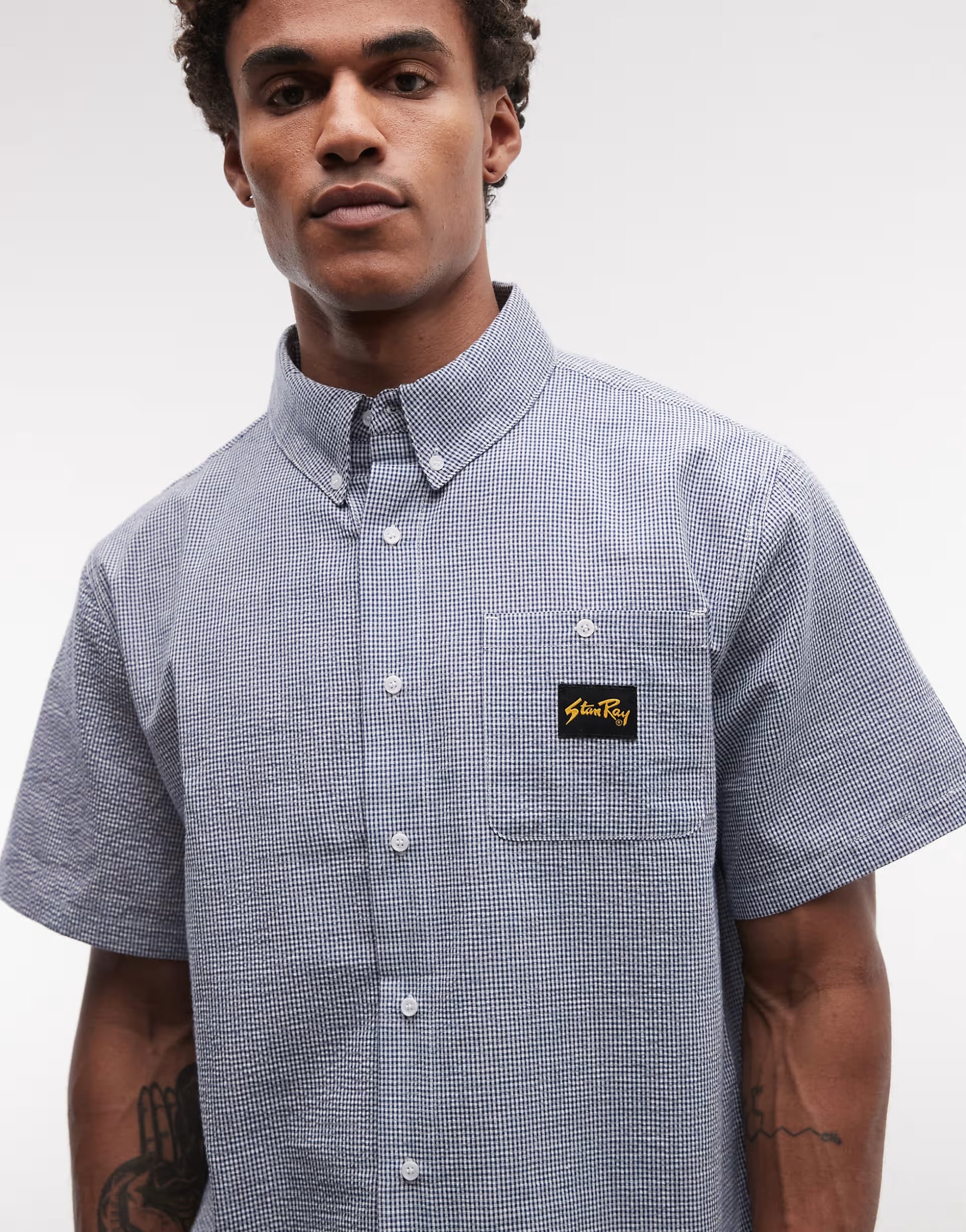 ASOS Stan Ray Blue Micro Check Short Sleeve Shirt