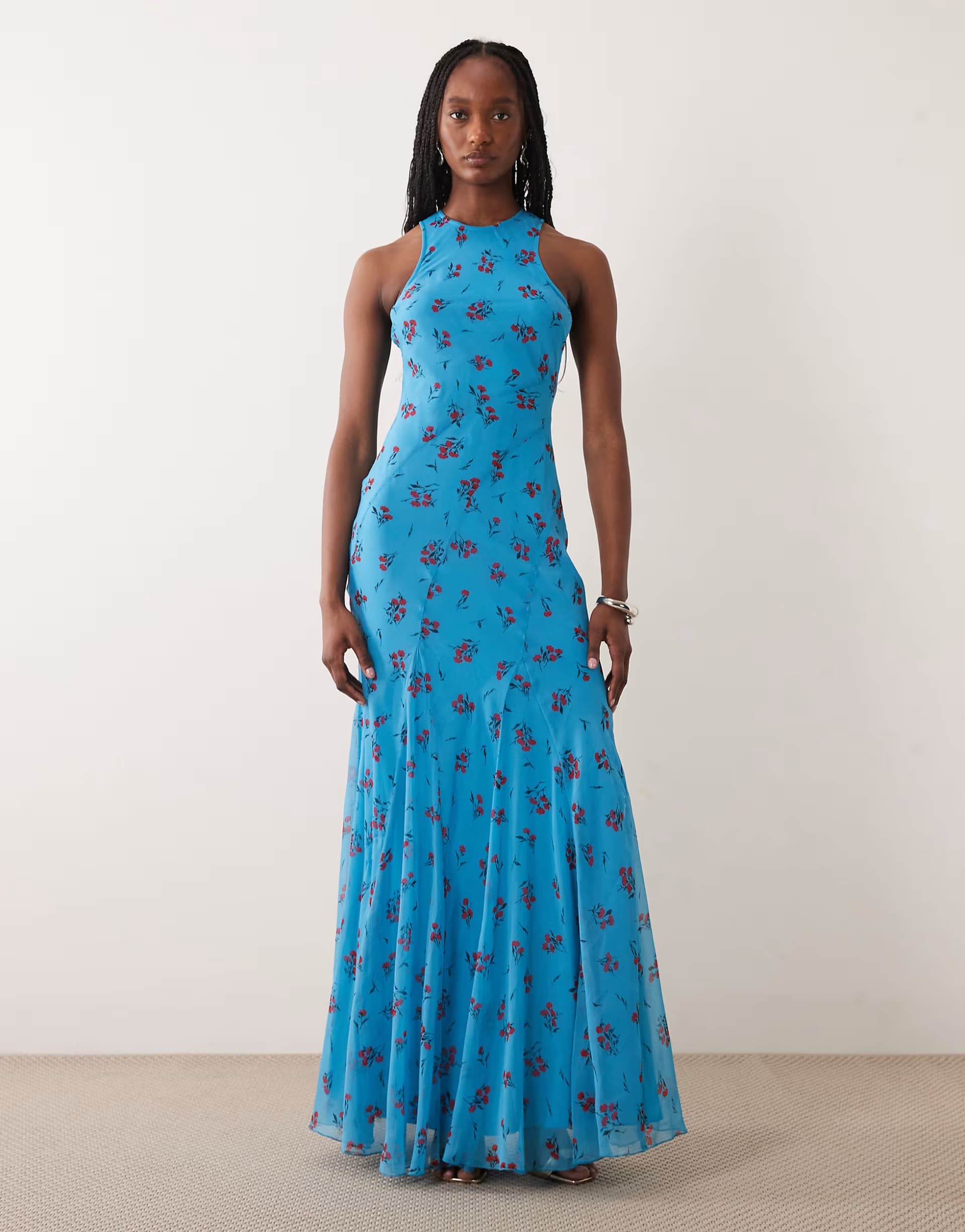 ASOS ASOS DESIGN Tall racer neck bias maxi dress with godet hem in blue floral print