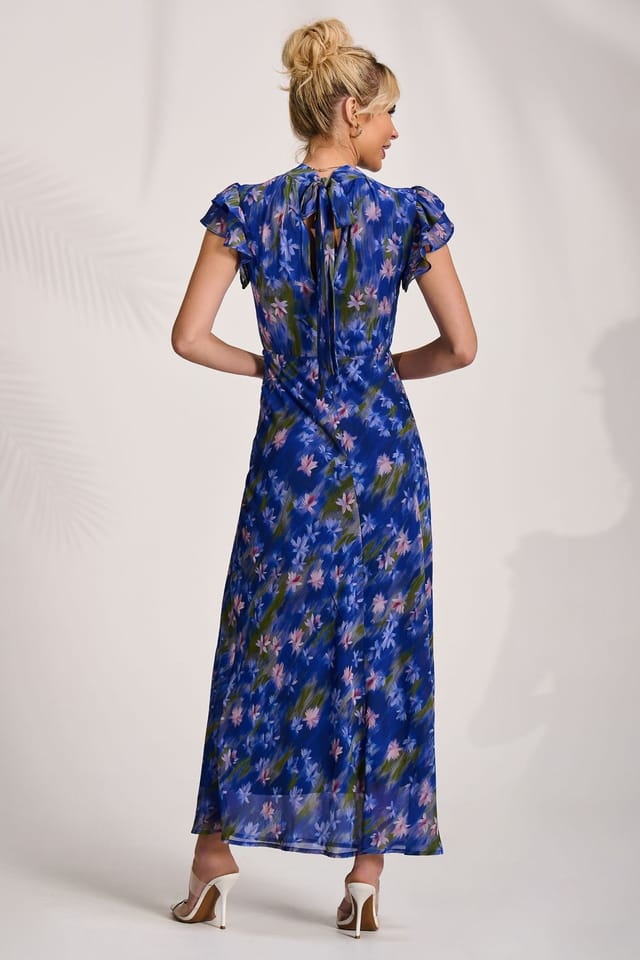 Jolie Moi Jolie Moi Women's High Neck Ruffle Sleeve Chiffon Maxi Dress in Royal - 2