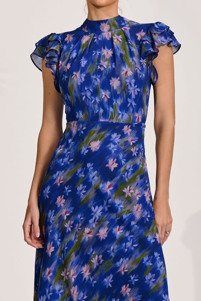 Jolie Moi Jolie Moi Women's High Neck Ruffle Sleeve Chiffon Maxi Dress in Royal - 3