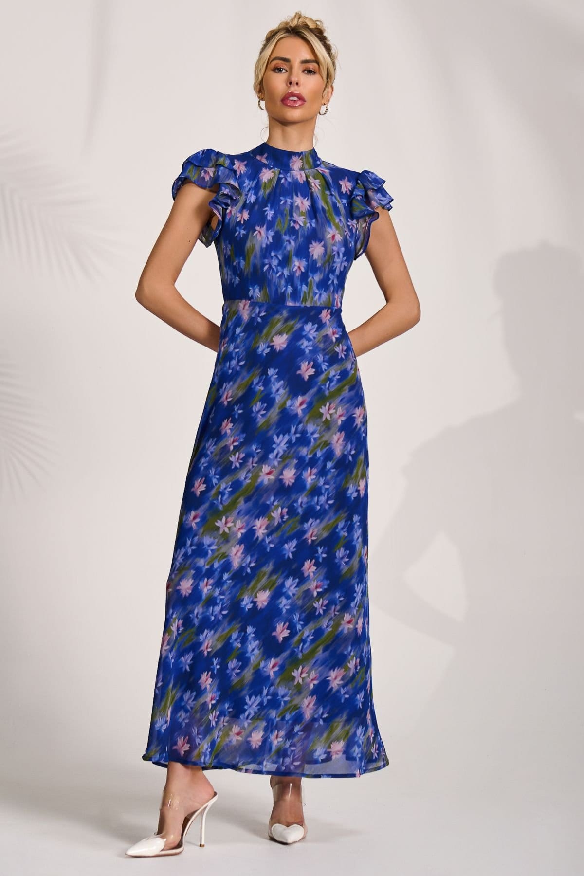 Jolie Moi Jolie Moi Women's High Neck Ruffle Sleeve Chiffon Maxi Dress in Royal - 4