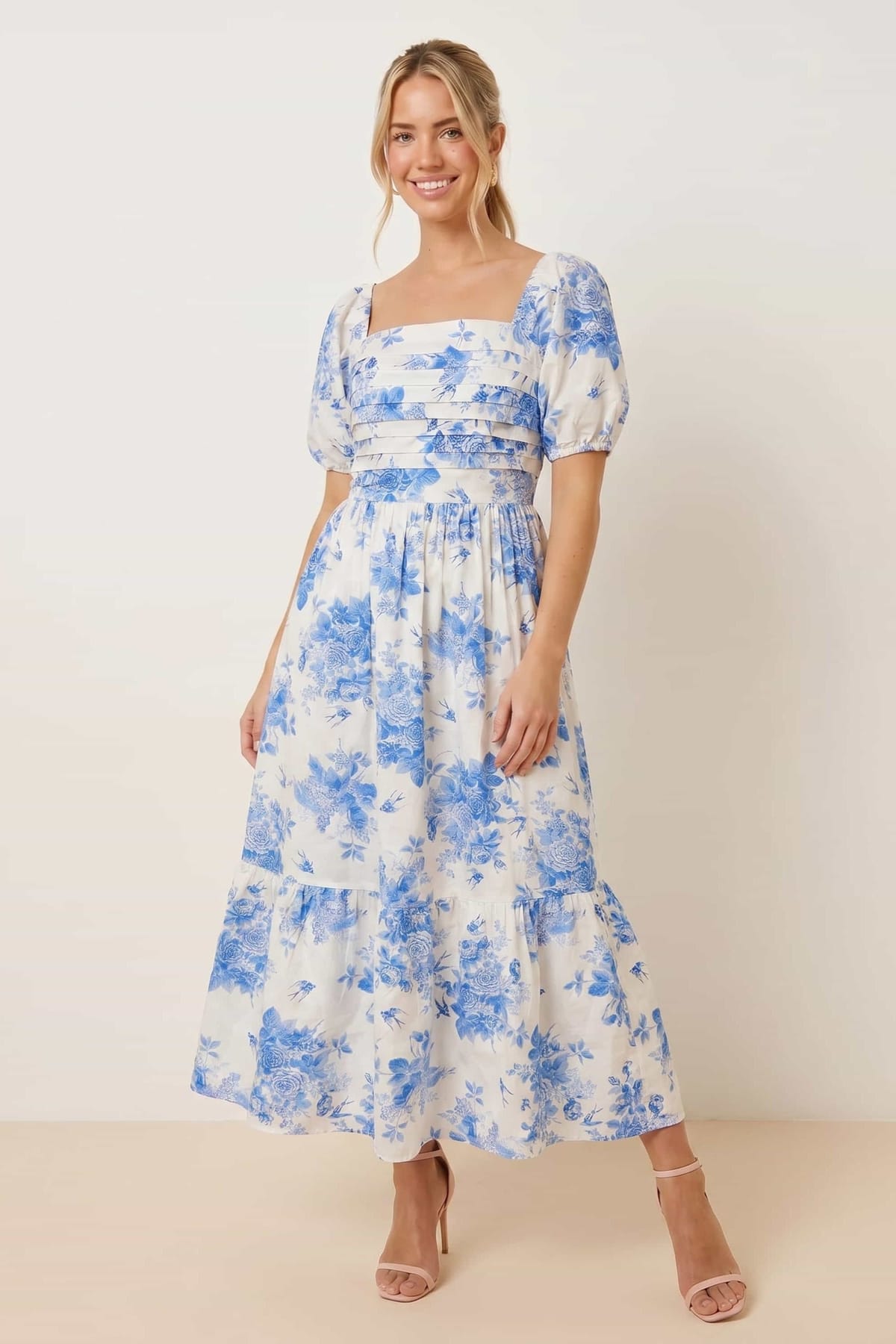 Style Cheat Style Cheat Women's Leighton Puff Sleeve Midi Dress in Blue Floral - 1