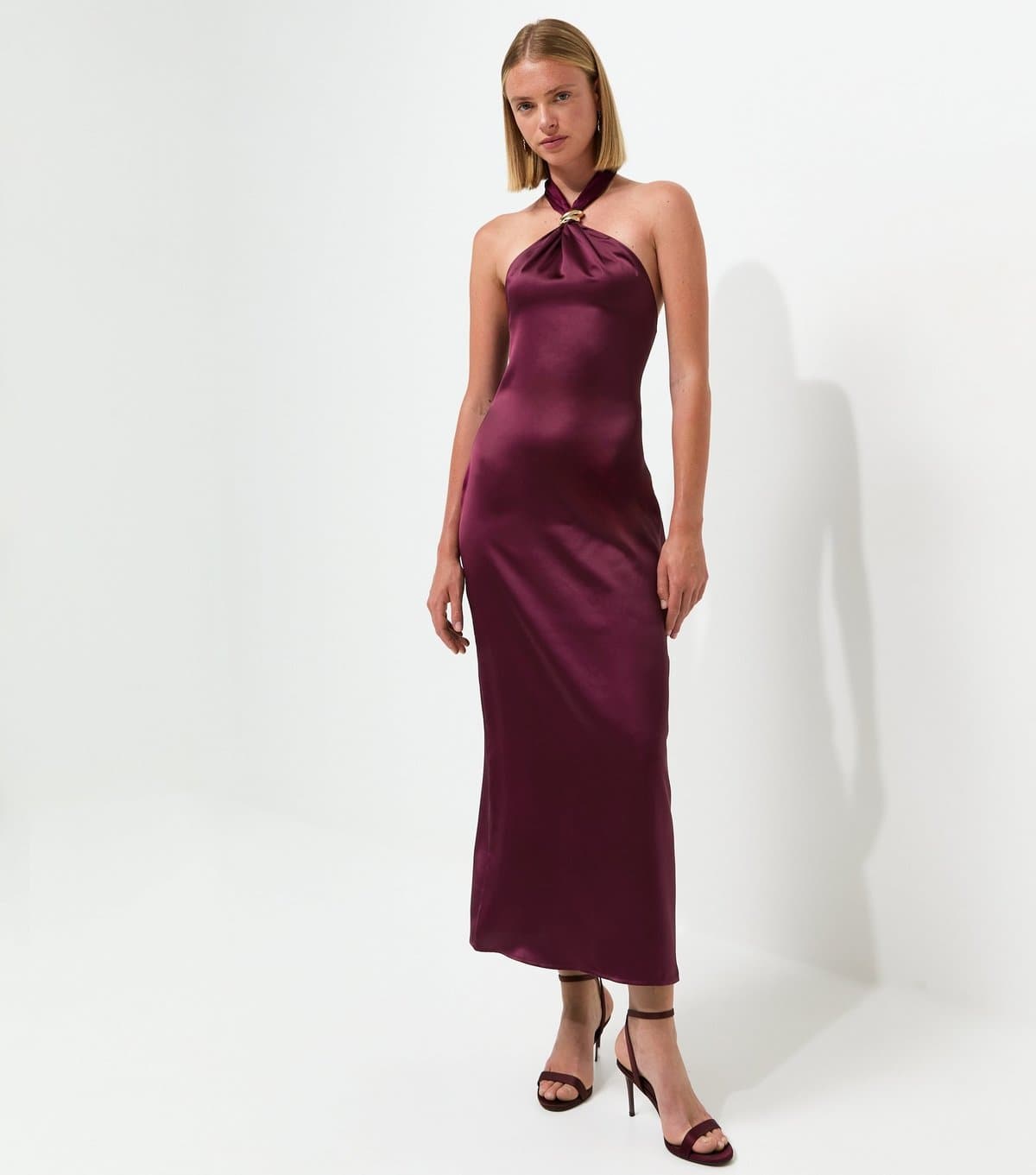New Look Women's Dark Burgundy Satin Hardware Detail Halter Neck Midi Dress New Look