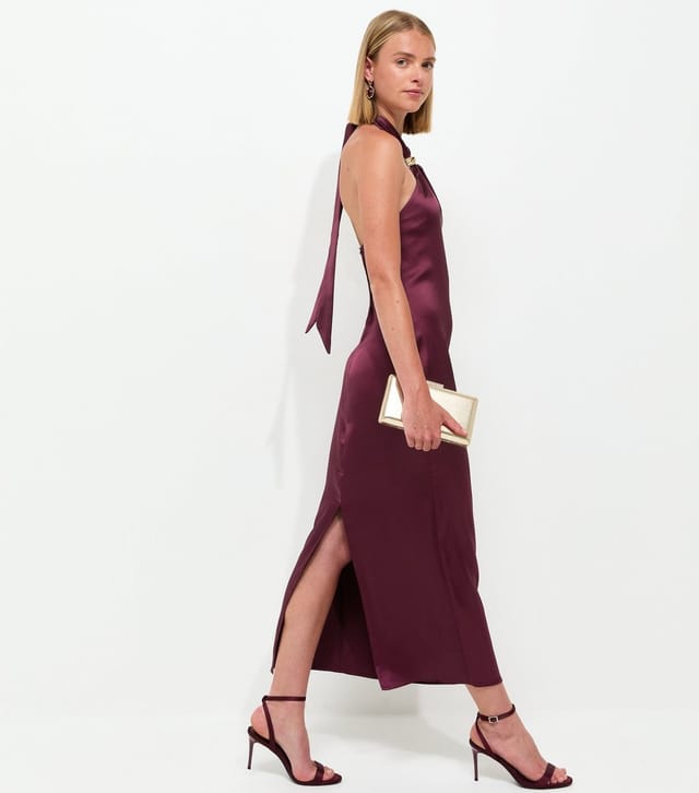 New Look Women's Dark Burgundy Satin Hardware Detail Halter Neck Midi Dress New Look - 3