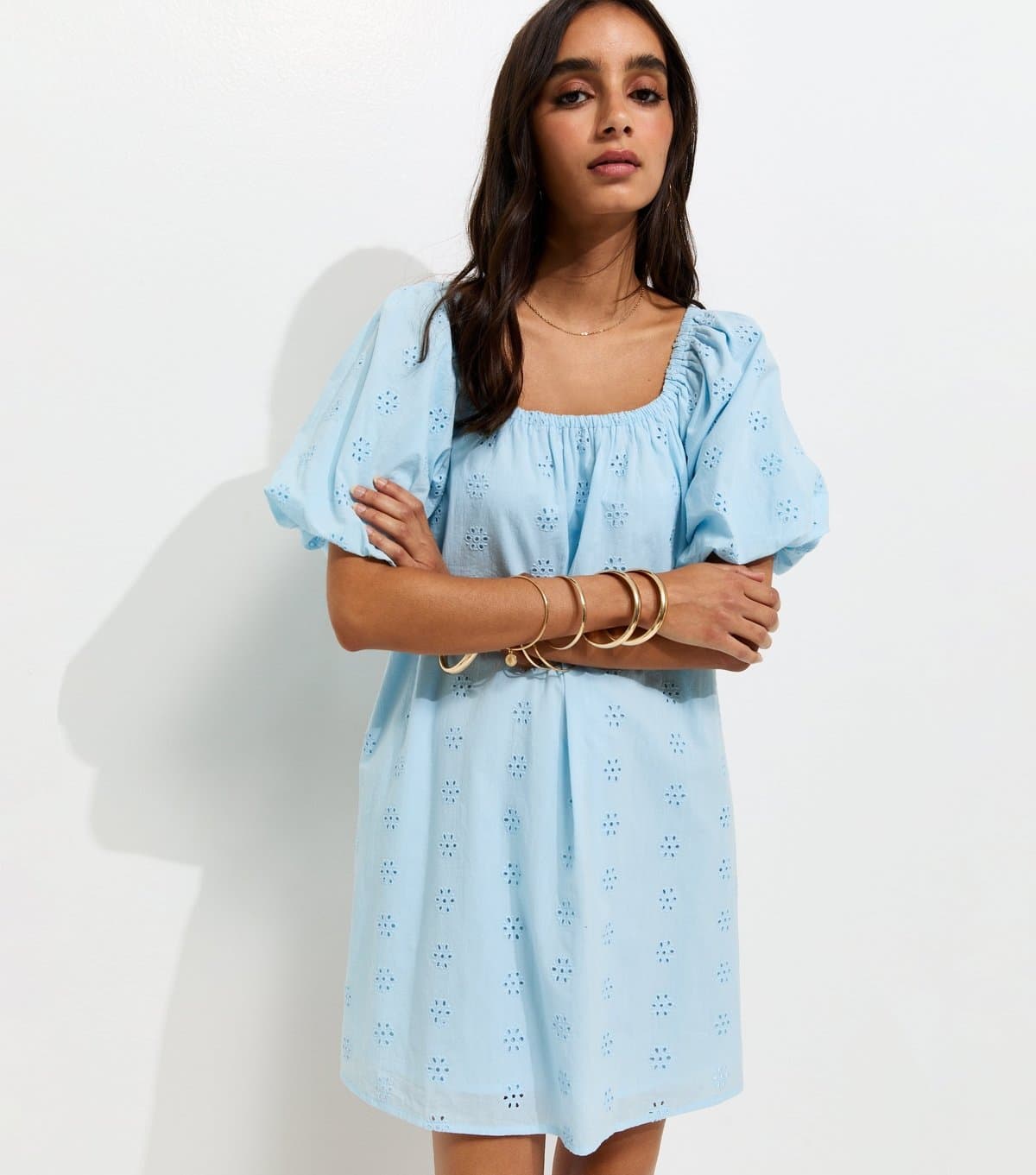 New Look Women's Light Blue Cotton Puff Sleeve Smock Mini Dress New Look