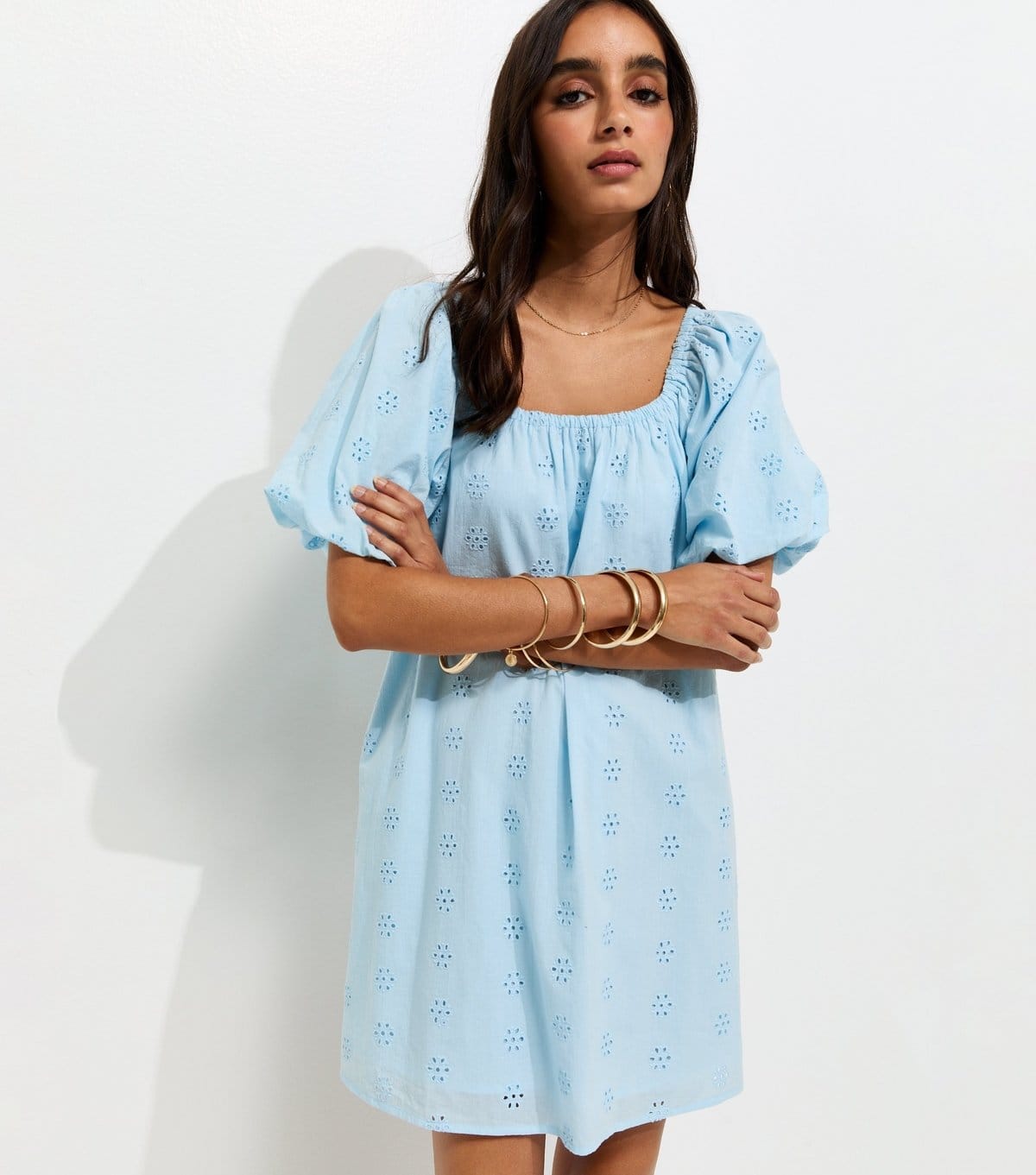 Women's Light Blue Cotton Puff Sleeve Smock Mini Dress New Look