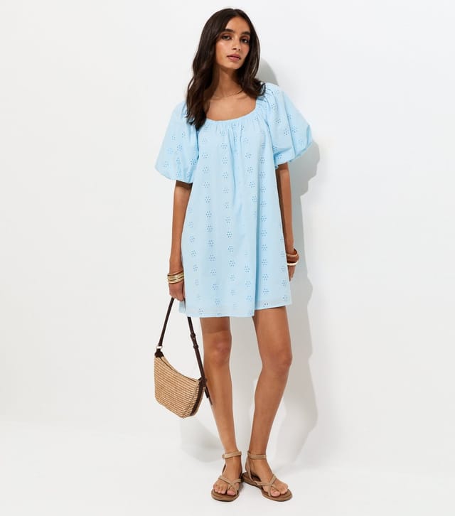 New Look Women's Light Blue Cotton Puff Sleeve Smock Mini Dress New Look - 2