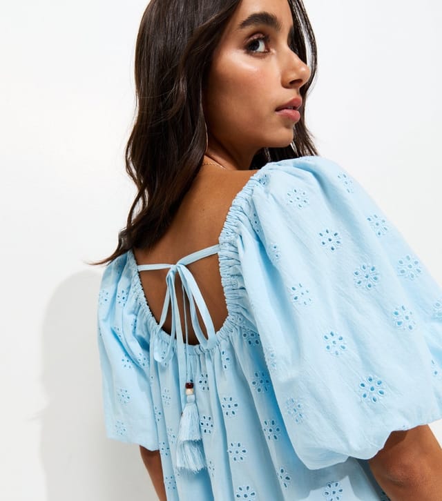 New Look Women's Light Blue Cotton Puff Sleeve Smock Mini Dress New Look - 3