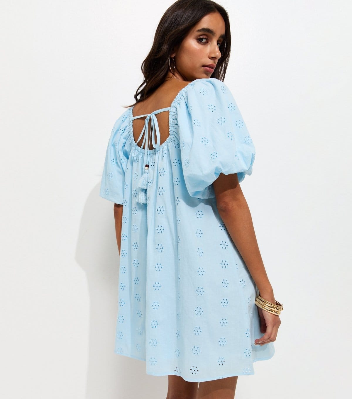New Look Women's Light Blue Cotton Puff Sleeve Smock Mini Dress New Look - 4