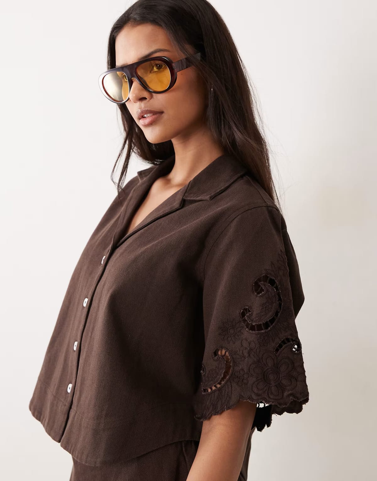 ASOS ASOS DESIGN denim short sleeve shirt coord with cutwork detail in chocolate - 1
