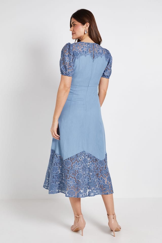 Wallis Wallis Women's Lace Puff Sleeve Midi Dress in Blue - 3