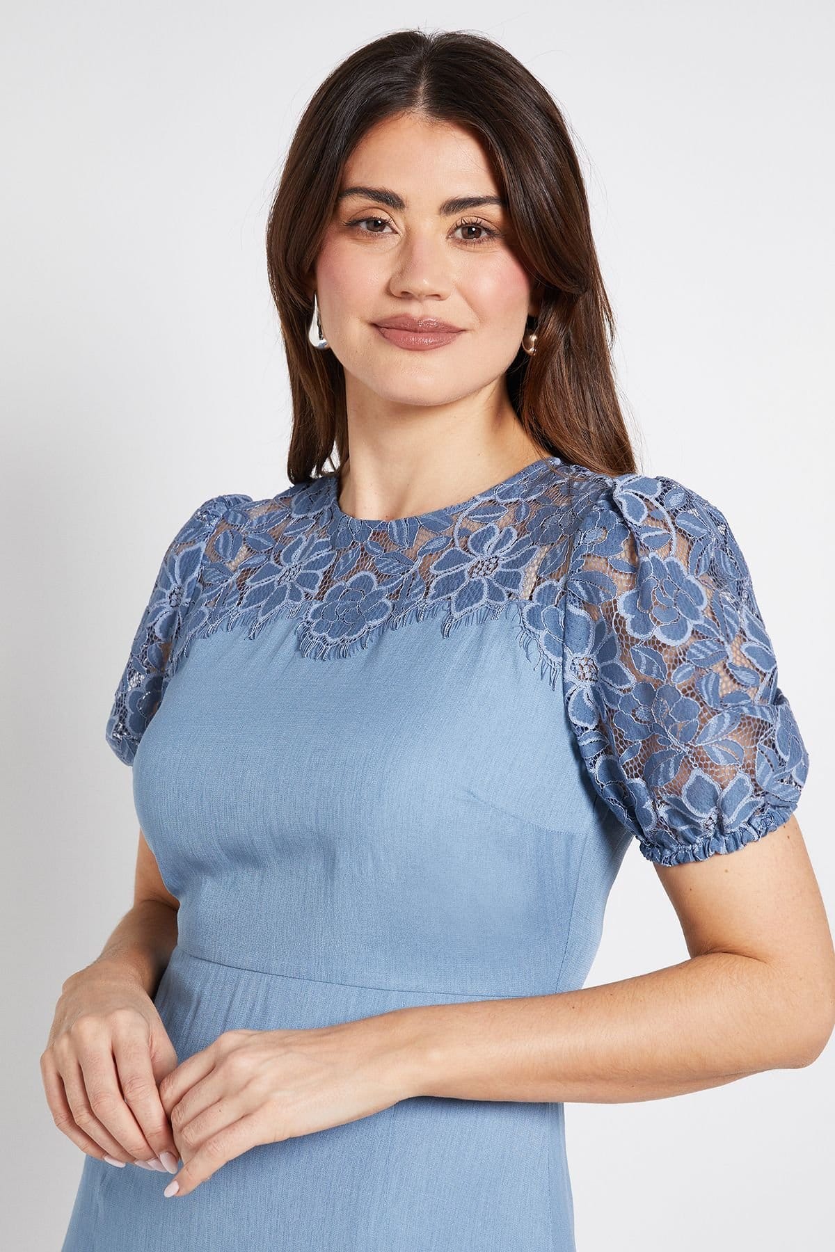 Wallis Wallis Women's Lace Puff Sleeve Midi Dress in Blue - 4
