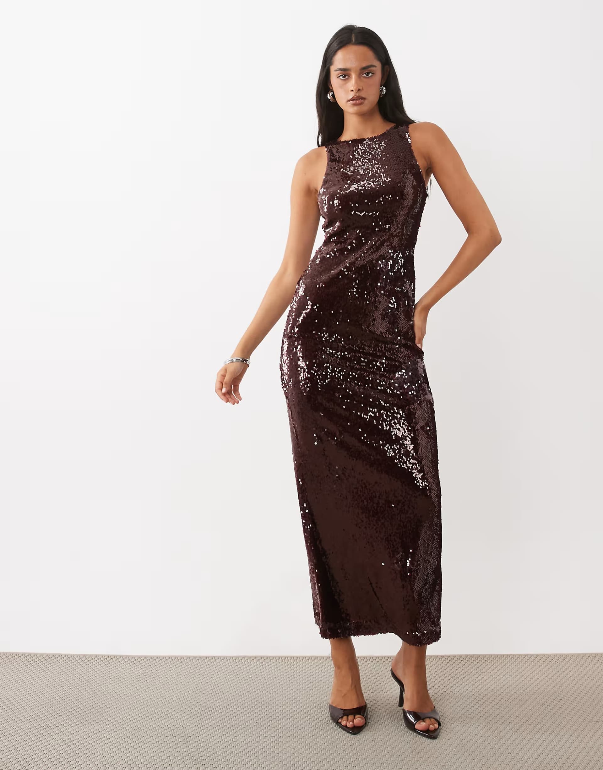 ASOS Rare London racer neck sequin maxi dress in burgundy