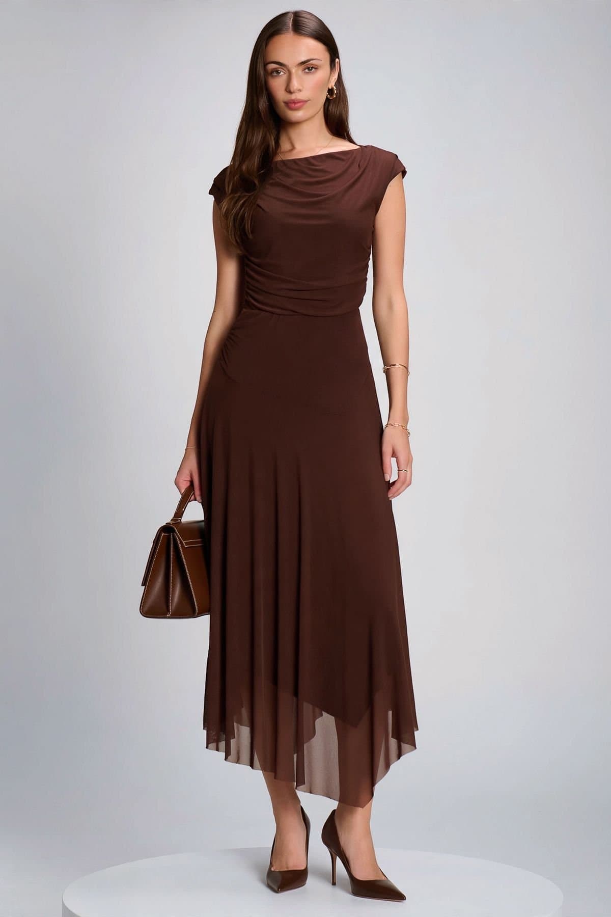 Jolie Moi Jolie Moi Women's Asymmetrical Draped Mesh Maxi Dress in Brown
