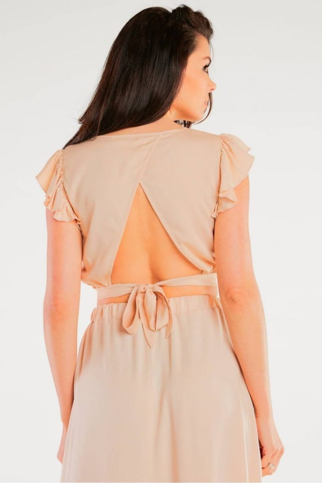 Love Lace Love Lace Women's Airy Viscose Back Tied Short Blouse with Frill in Beige - 3