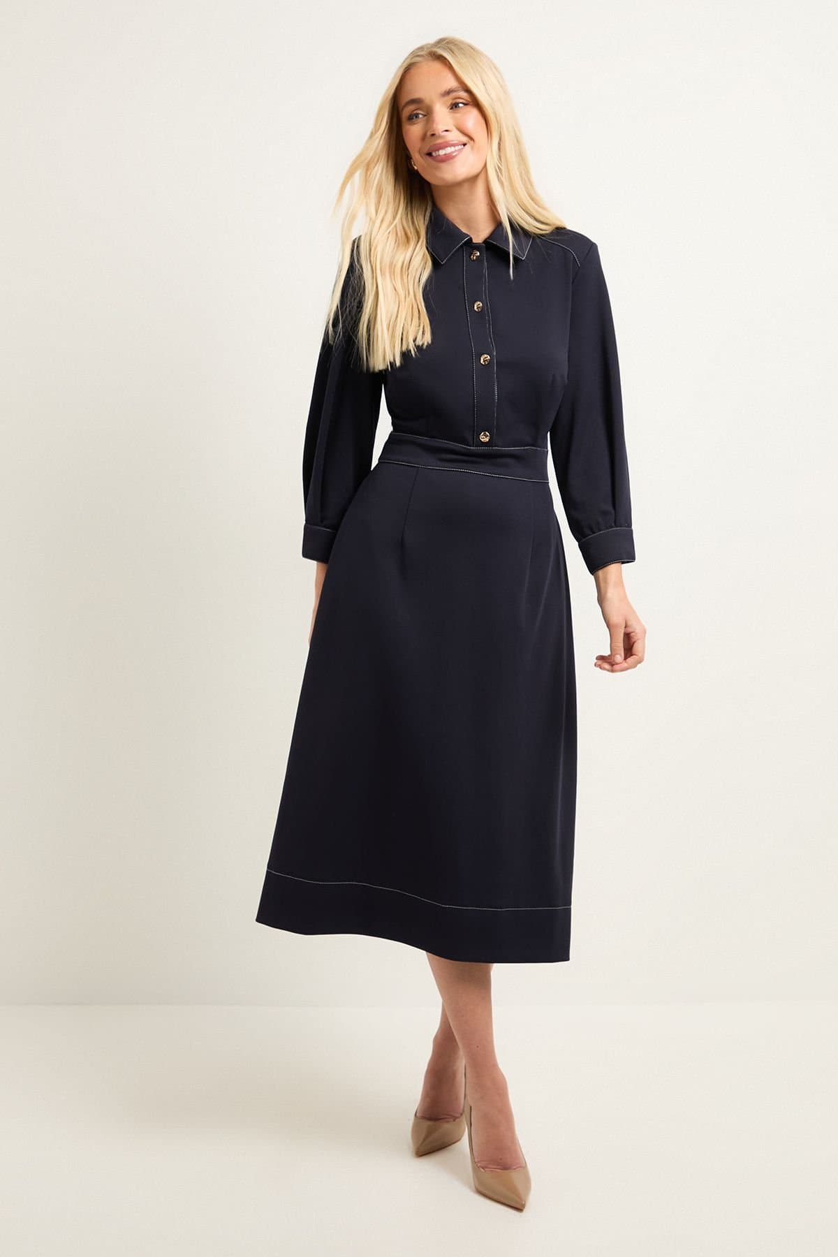 Wallis Wallis Women's Petite Ponte Stitch Detail Midi Dress in Navy