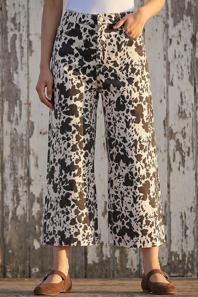 Dusk Dusk Women's Cow Print Wide Leg Jean in Dark Brown - 2