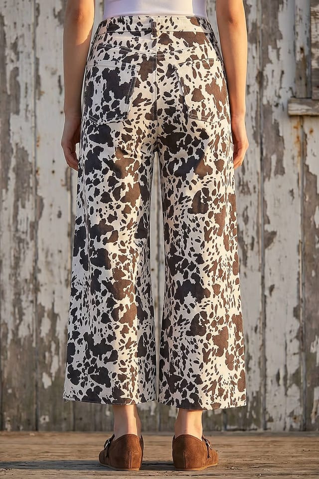 Dusk Dusk Women's Cow Print Wide Leg Jean in Dark Brown - 3