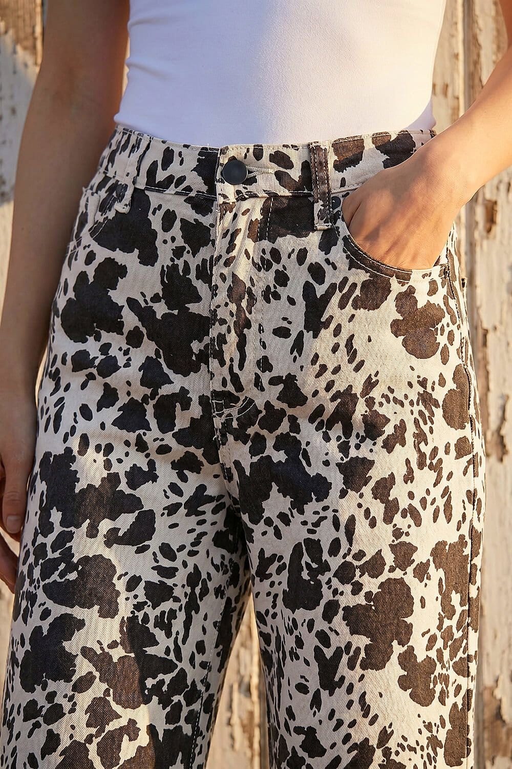 Dusk Dusk Women's Cow Print Wide Leg Jean in Dark Brown - 4
