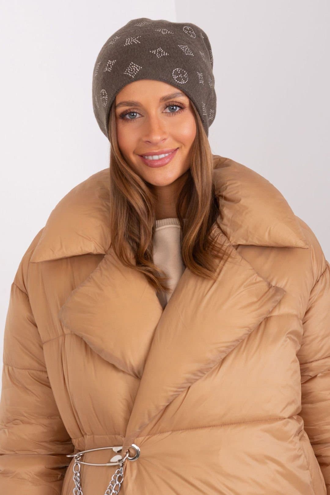 Love Lace Love Lace Dark Brown Cashmere Beanie Hat with Rhinestones