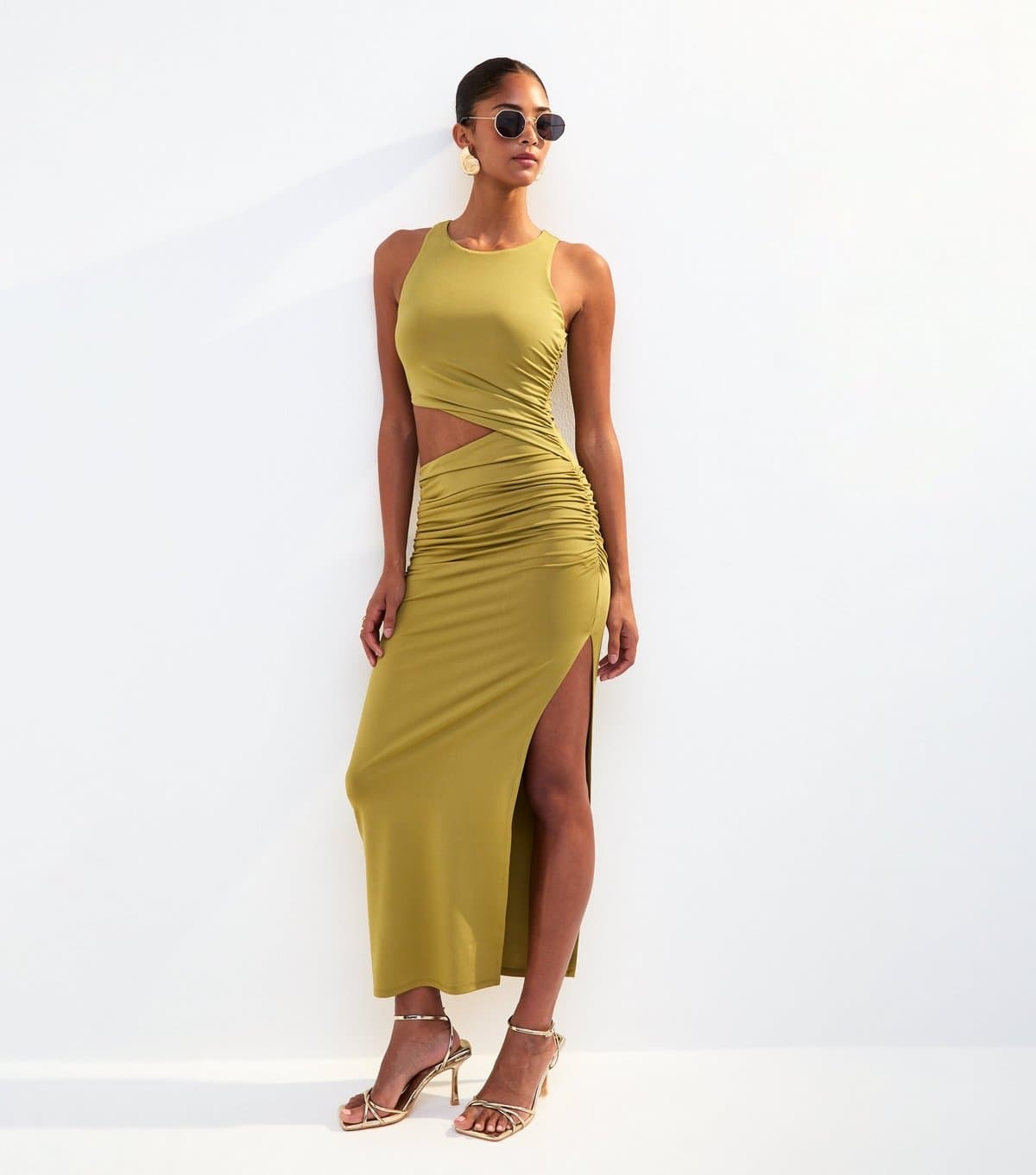 New Look Women's Olive Jersey Ruched Cut Out Midi Dress New Look