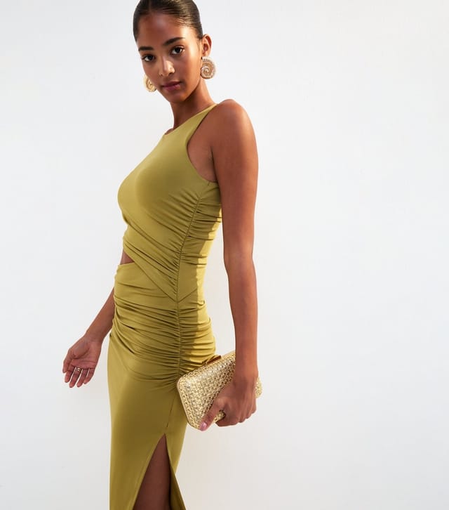 New Look Women's Olive Jersey Ruched Cut Out Midi Dress New Look - 2
