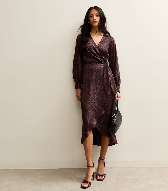 New Look Women's Brown Leopard Print Satin Wrap-Effect Midi Dress New Look - 3