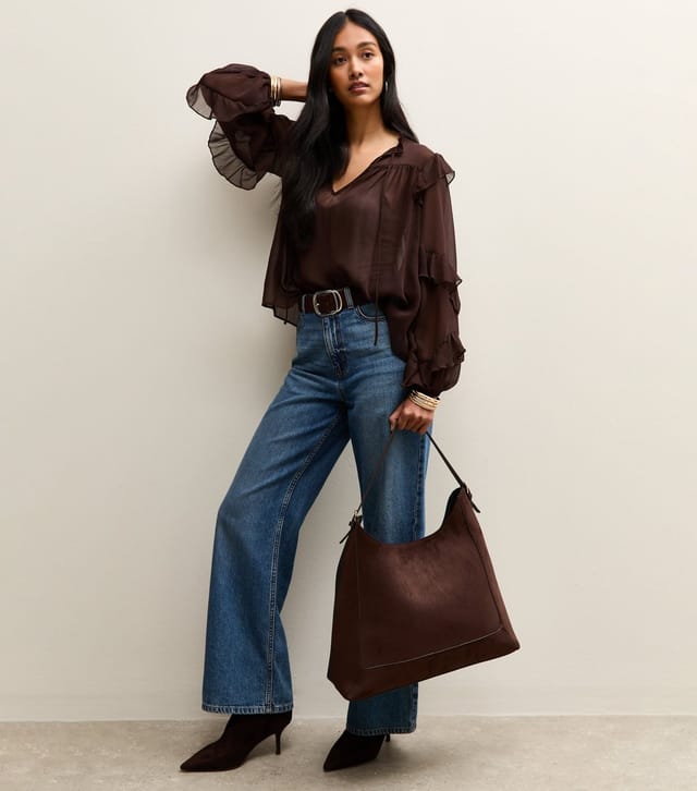 New Look Dark Brown Faux Suede Scoop Top Tote Bag Vegan New Look - 2